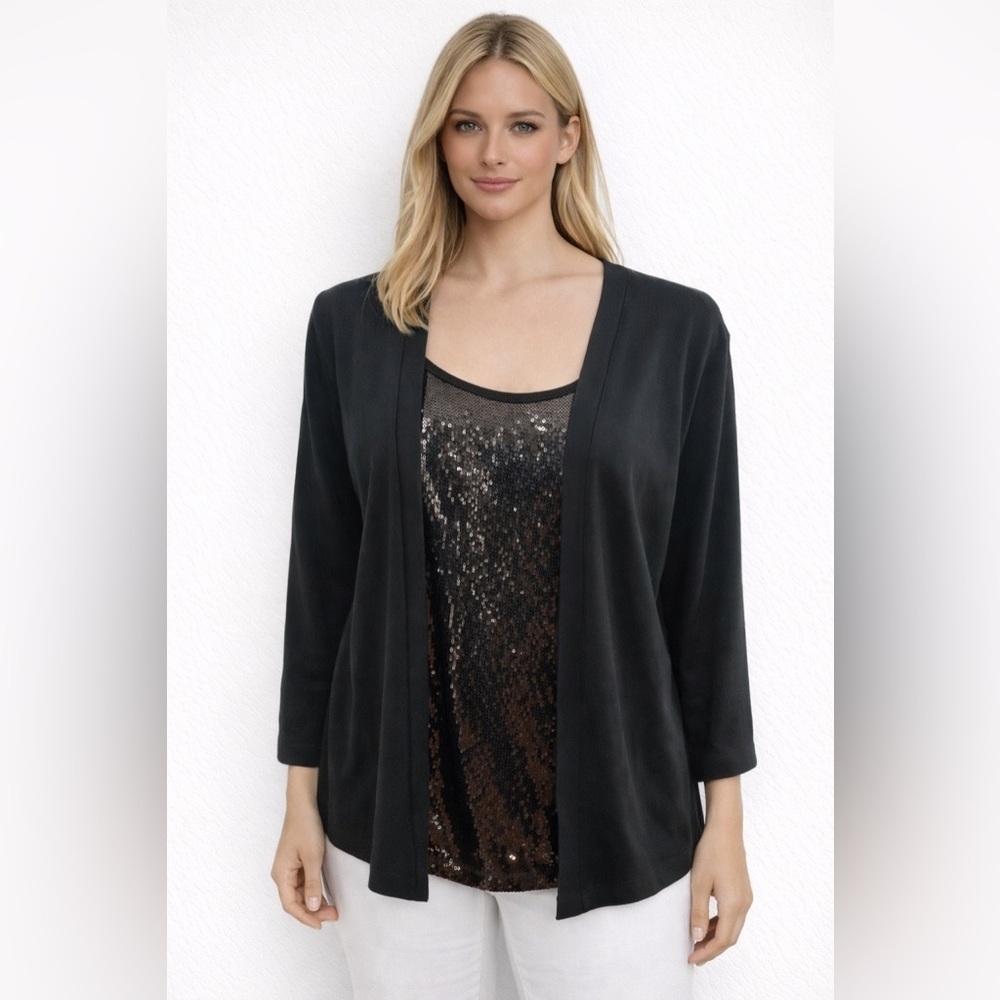 🔥🔥RAFAELLA Womens Size Large Black Layered Sequined 3/4 Sleeve Shirt Top
